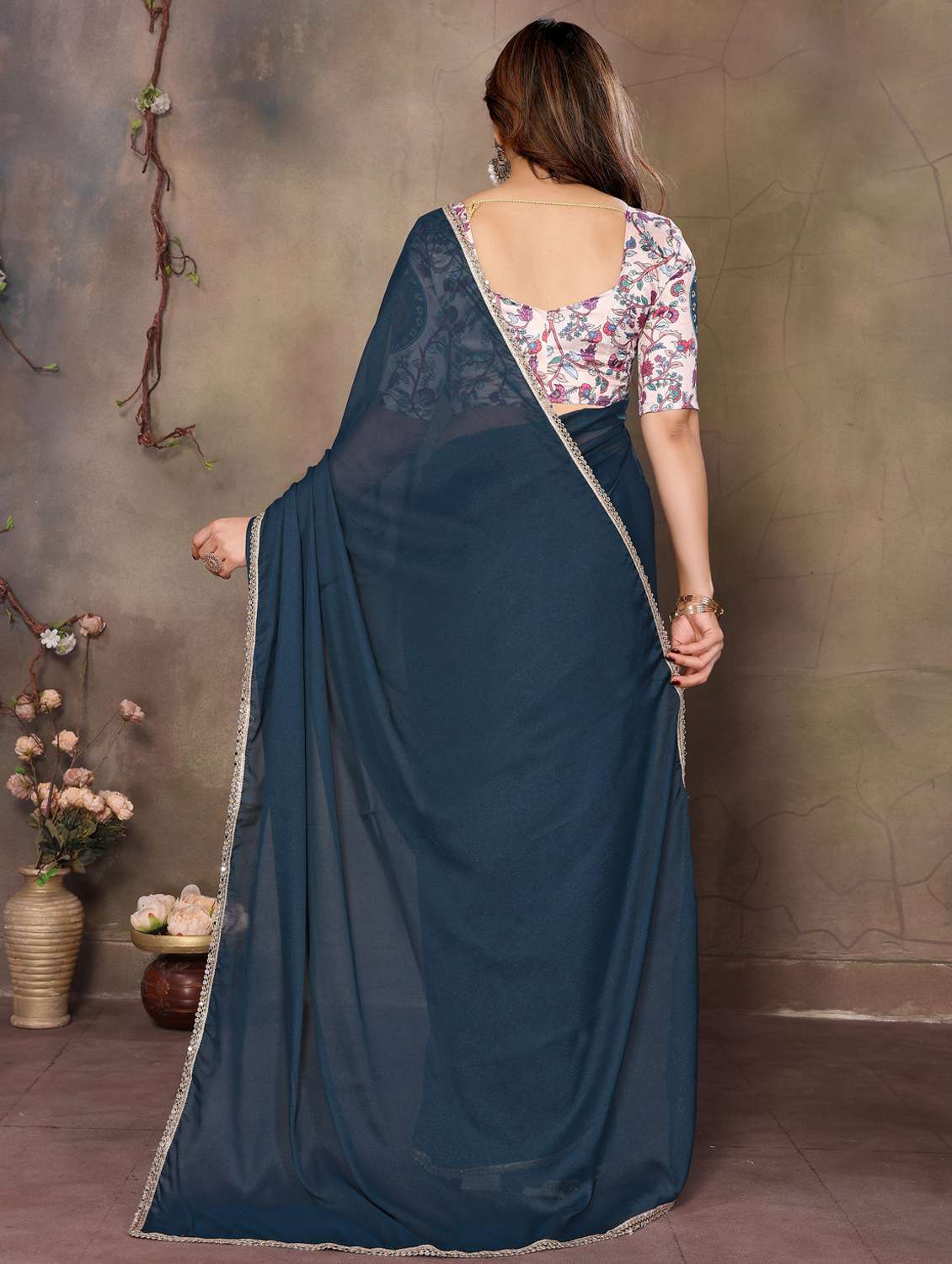 women teal plain saree with blouse - 21956476 -  Standard Image - 2