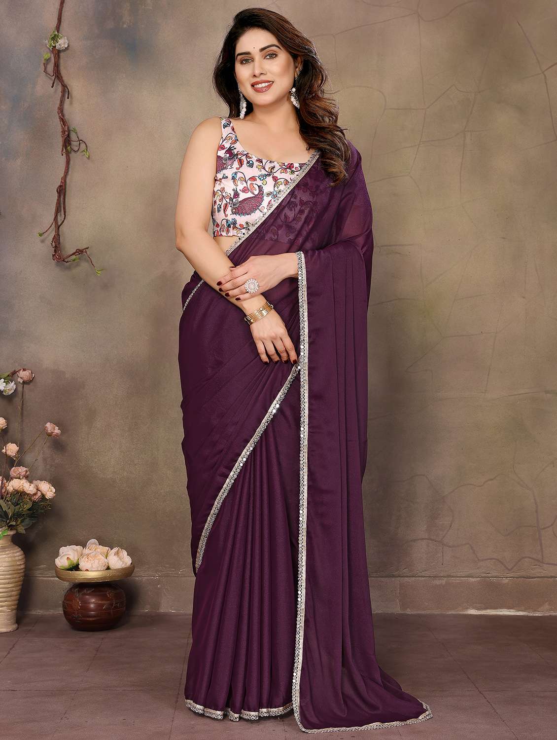 women purple plain saree with blouse