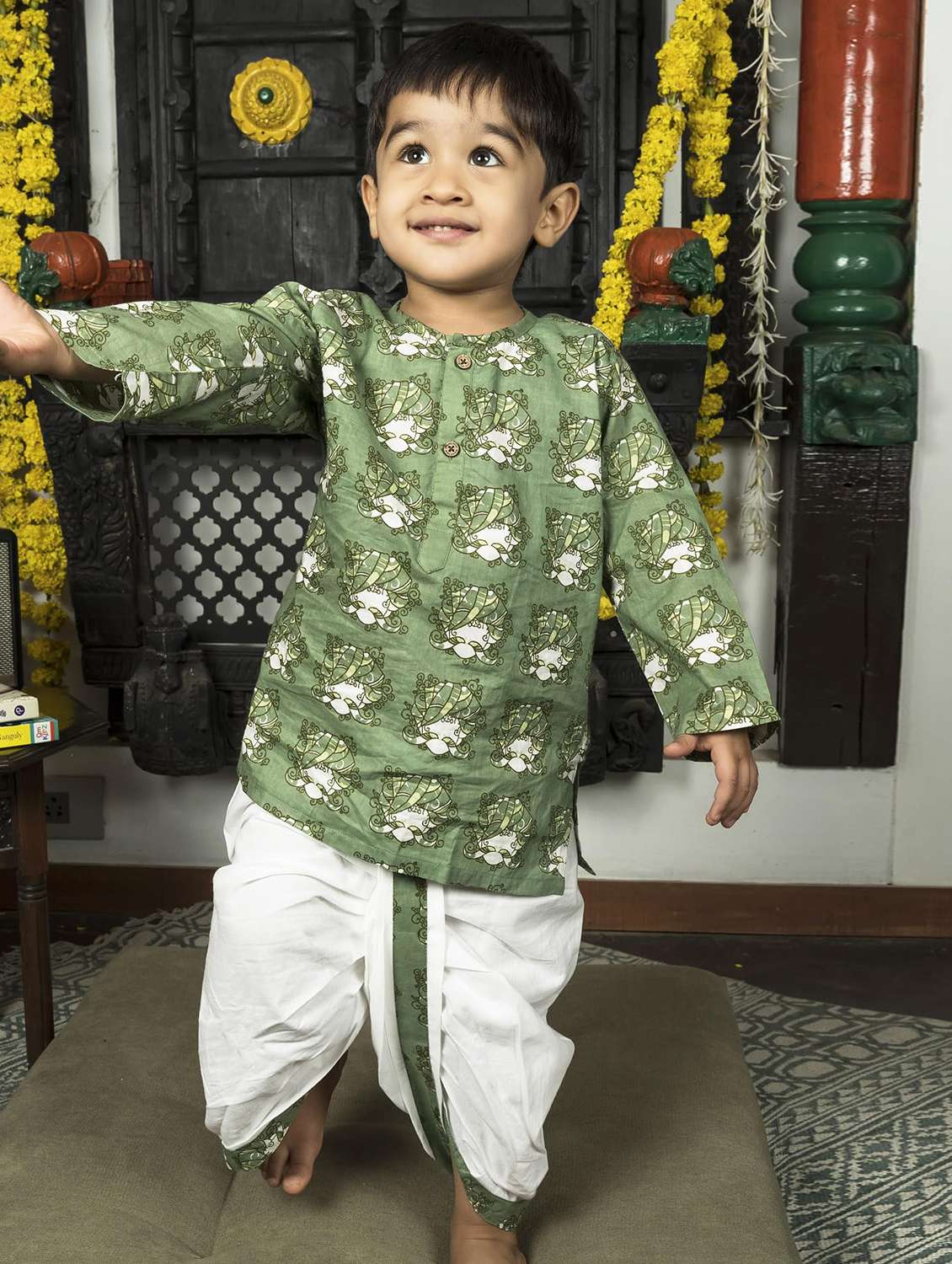 boys printed long sleeve kurta and dhoti set 