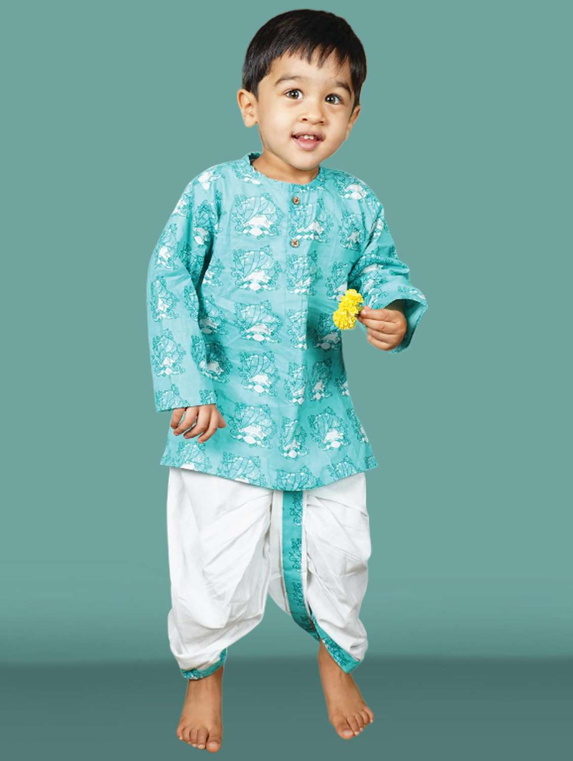 boys printed long slevee kurta and dhoti set 