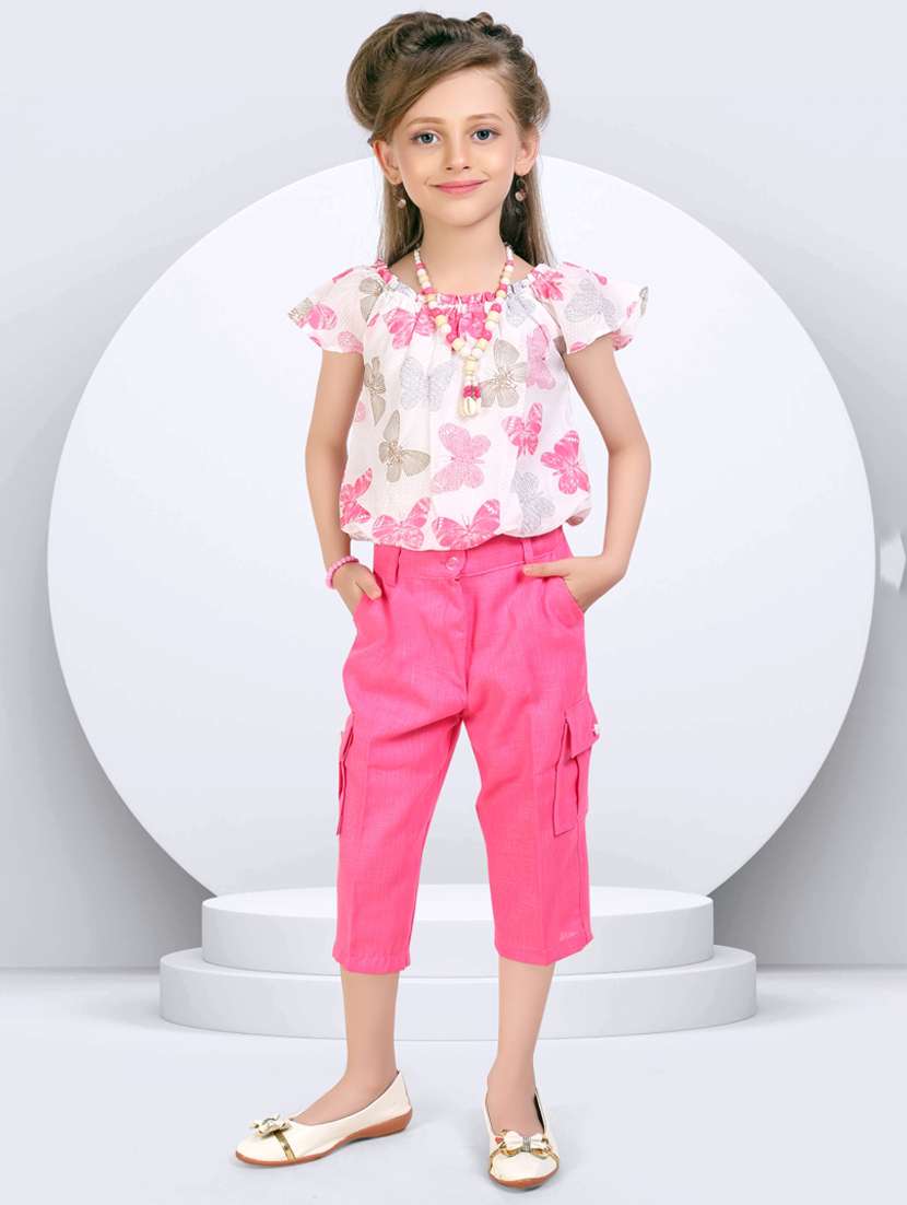 girls pink printed trouser and top set 