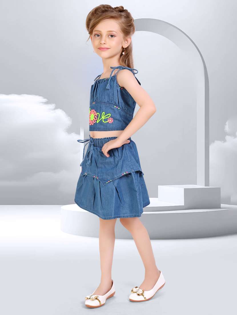 girls blue embroidered skirt & top co-ord set - 21956494 -  Standard Image - 2