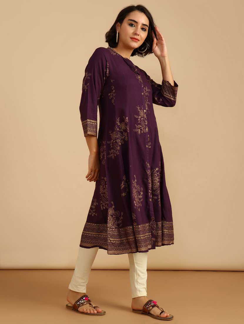 women foil print three quarter sleeve a-line kurta - 21956536 -  Standard Image - 2