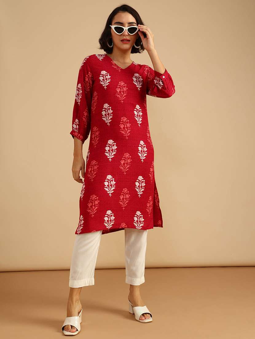women printed three quarter sleeve straight kurta - 21956582 -  Standard Image - 2