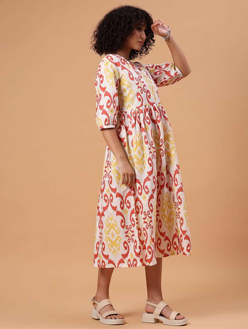 women printed puff sleeve fit & flare dress - 21956593 -  Standard Image - 2