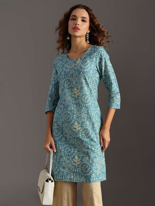 women printed three quarter sleeve straight kurta - 21956611 - Standard Image - 0
