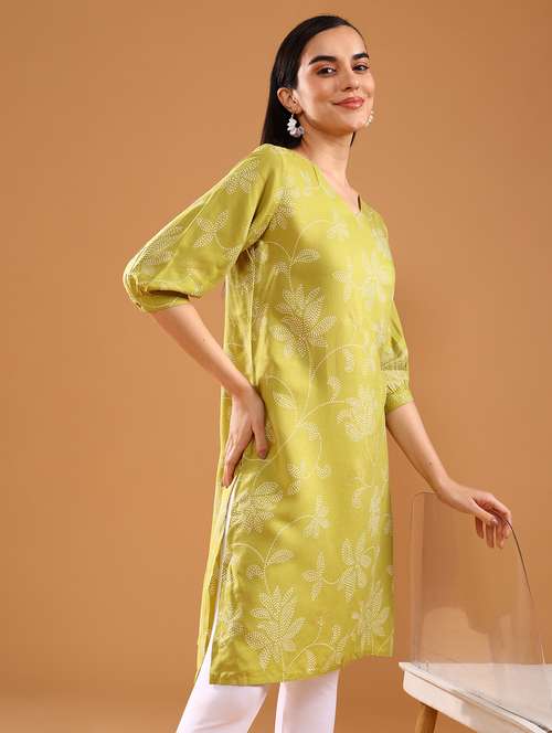 women printed puff sleeve straight kurta - 21956612 - Standard Image - 0