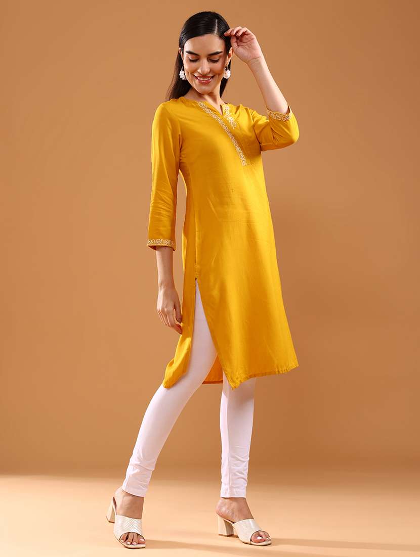 women three quarter sleeve straight kurta - 21956613 -  Standard Image - 2