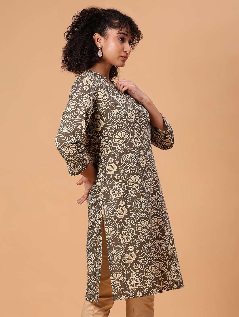 women printed three quarter sleeve straight kurta - 21956614 -  Standard Image - 2