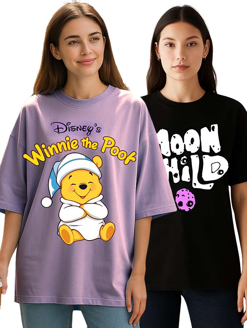 women pack of 2 printed round neck oversized t-shirt