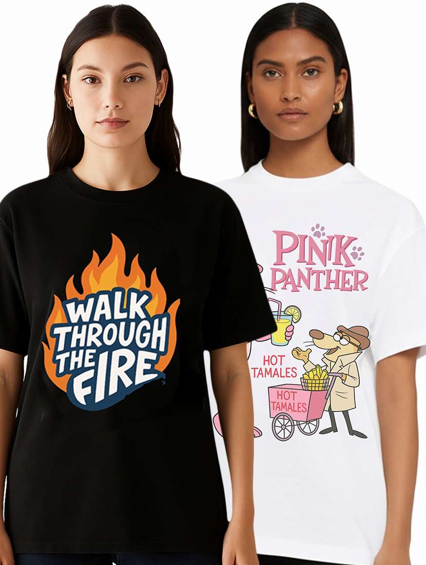 women pack of 2 printed round neck oversized t-shirt