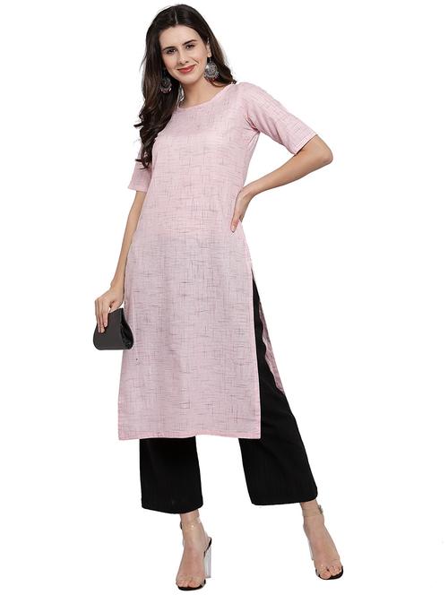 women pink self design short sleeve straight kurta - 21956635 - Standard Image - 0