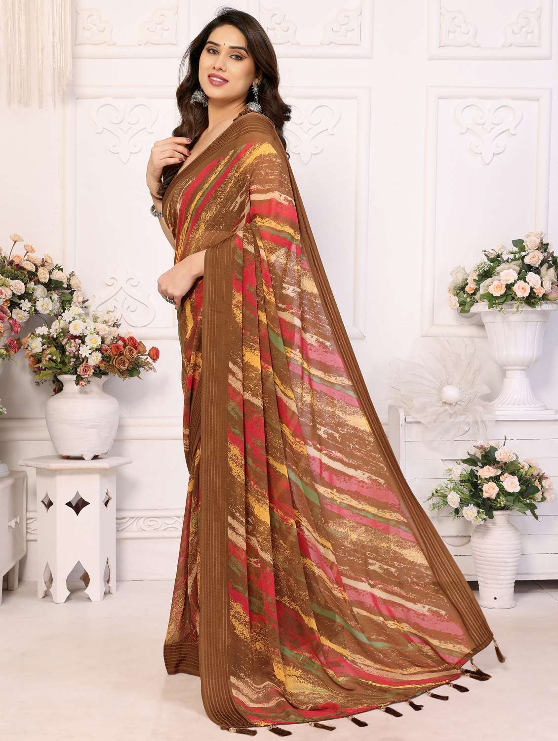 women brown printed saree with blouse - 21956641 -  Standard Image - 2