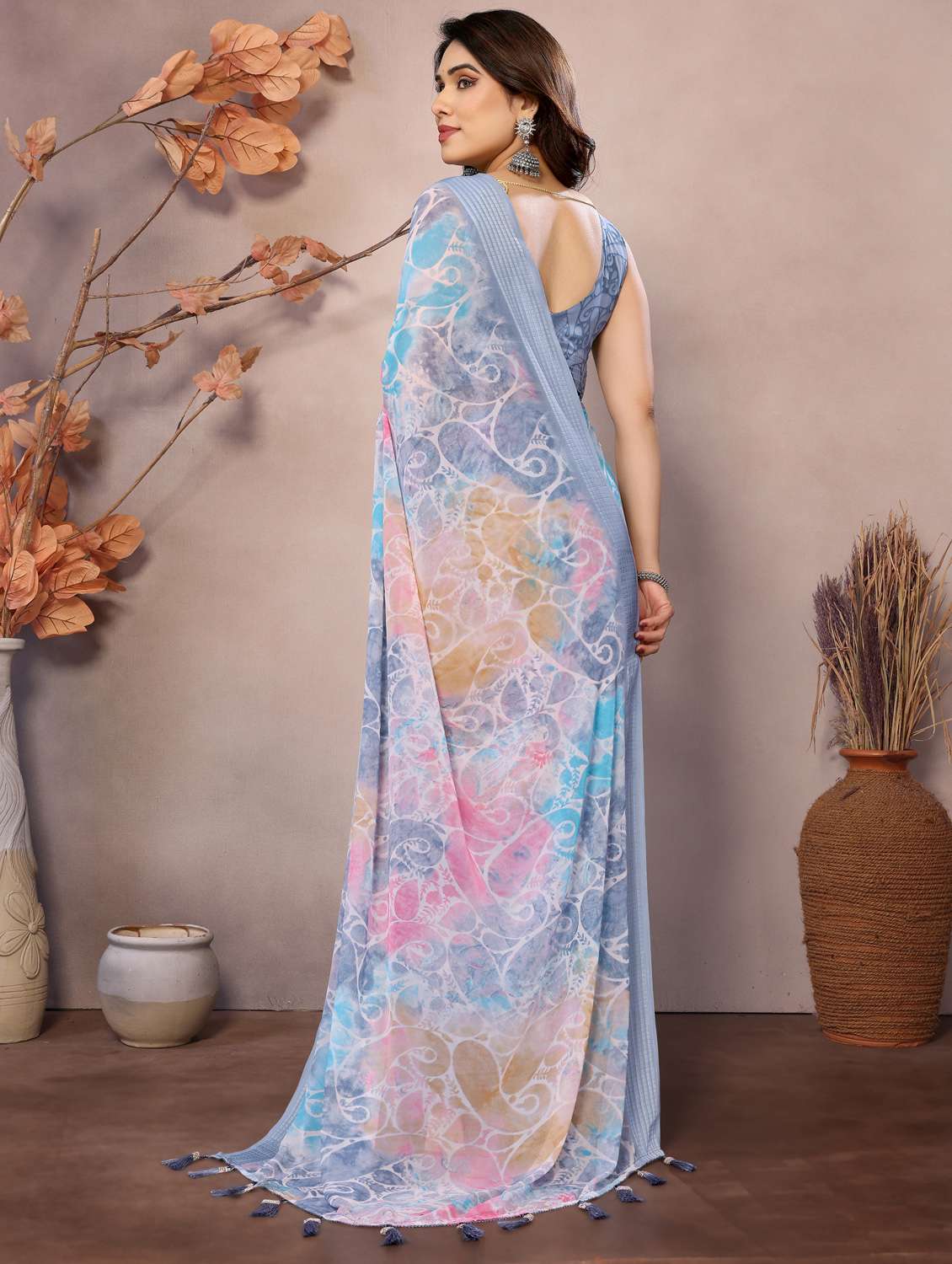 women grey printed saree with blouse - 21956642 -  Standard Image - 2