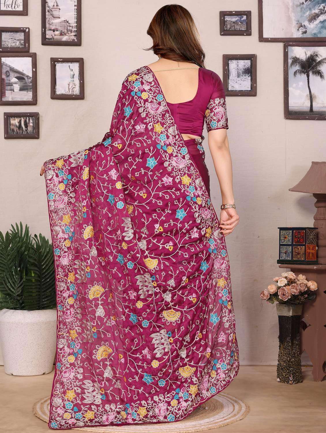 women solid with work embroidered saree with blouse - 21956656 -  Standard Image - 2