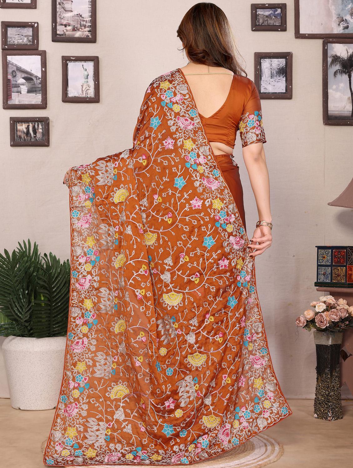 women solid with work embroidered saree with blouse - 21956657 - Standard Image - 2