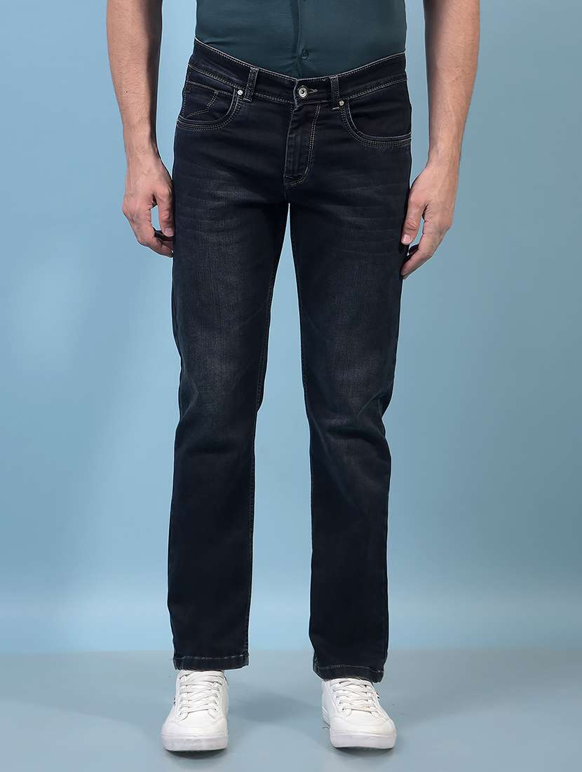 men washed mid rise full length jeans