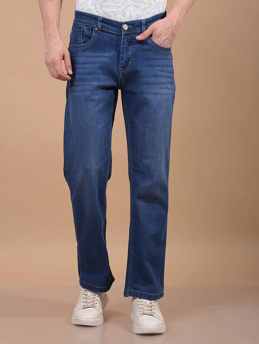 men washed mid rise full length jeans