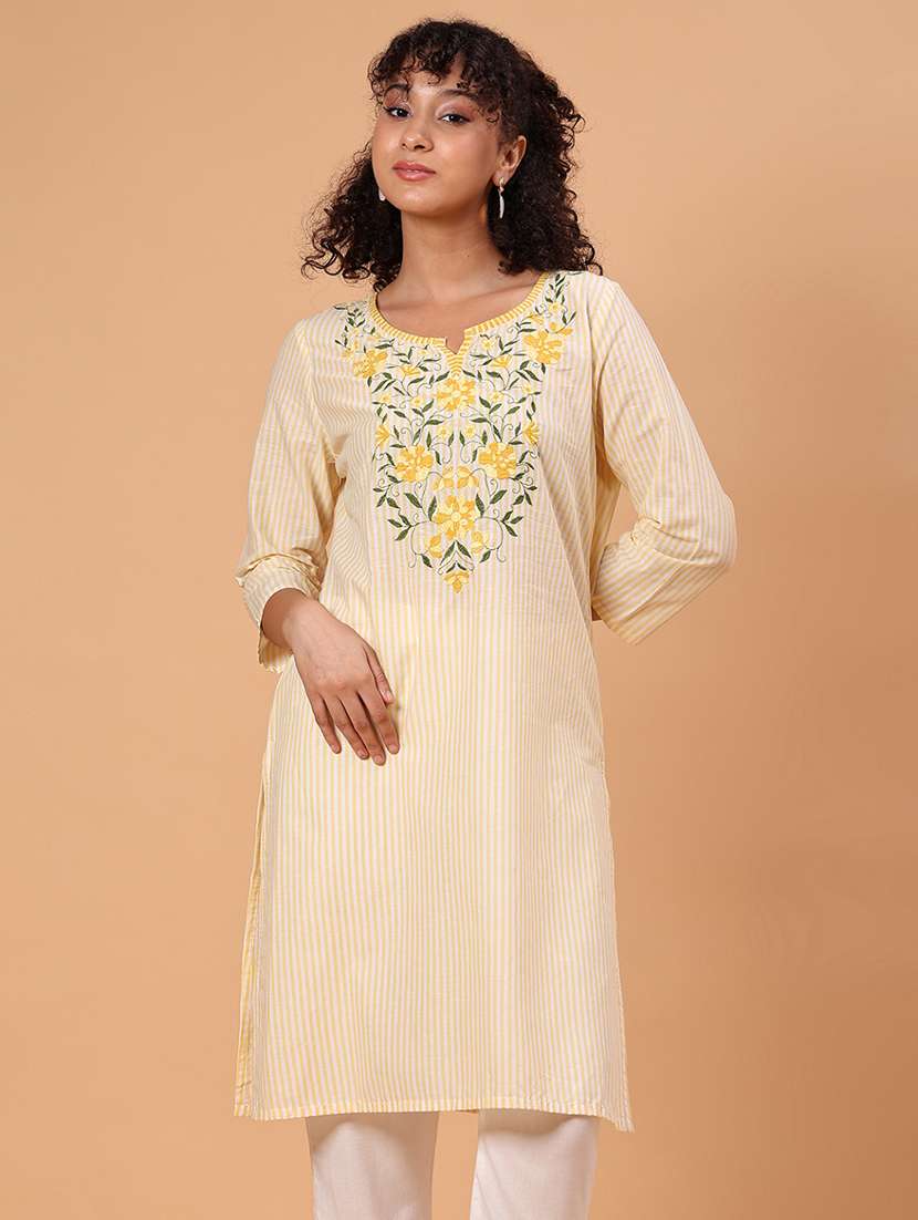 women striped three quarter sleeve straight kurta
