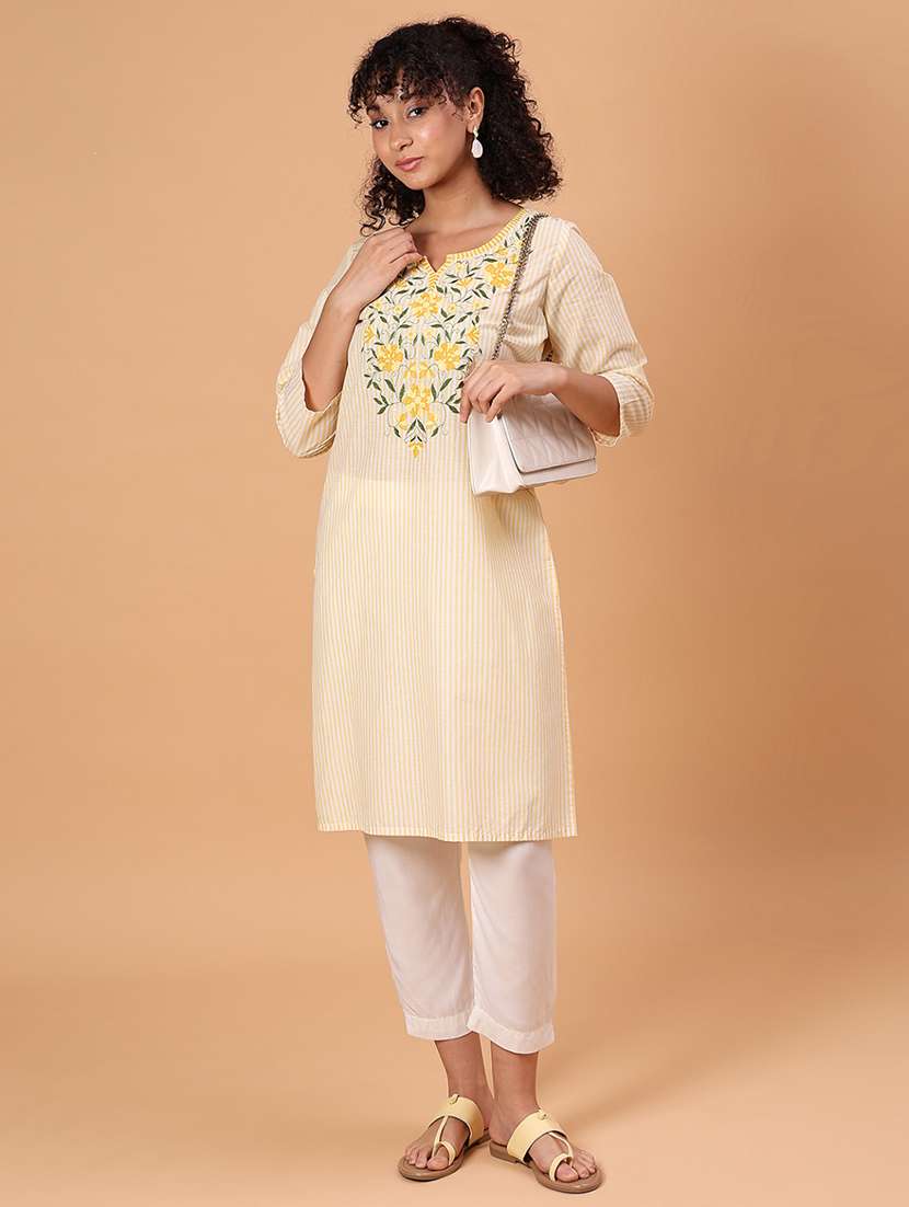 women striped three quarter sleeve straight kurta - 21956926 -  Standard Image - 2