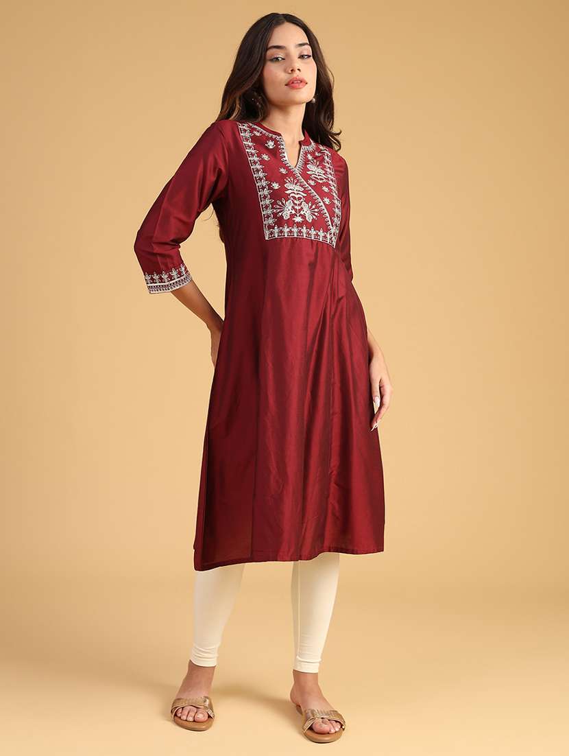 women embroidered three quarter sleeve a-line kurta - 21956931 -  Standard Image - 2