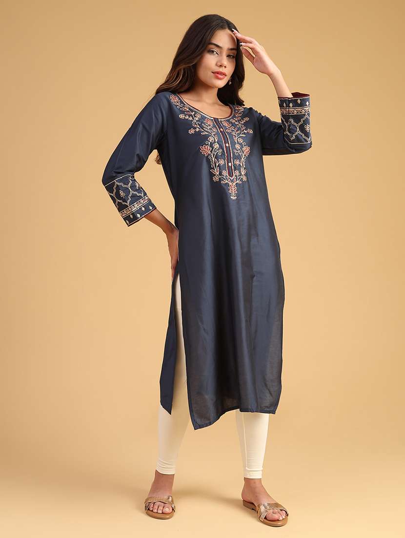 women embroidered long sleeve straight kurta - 21956932 -  Standard Image - 2