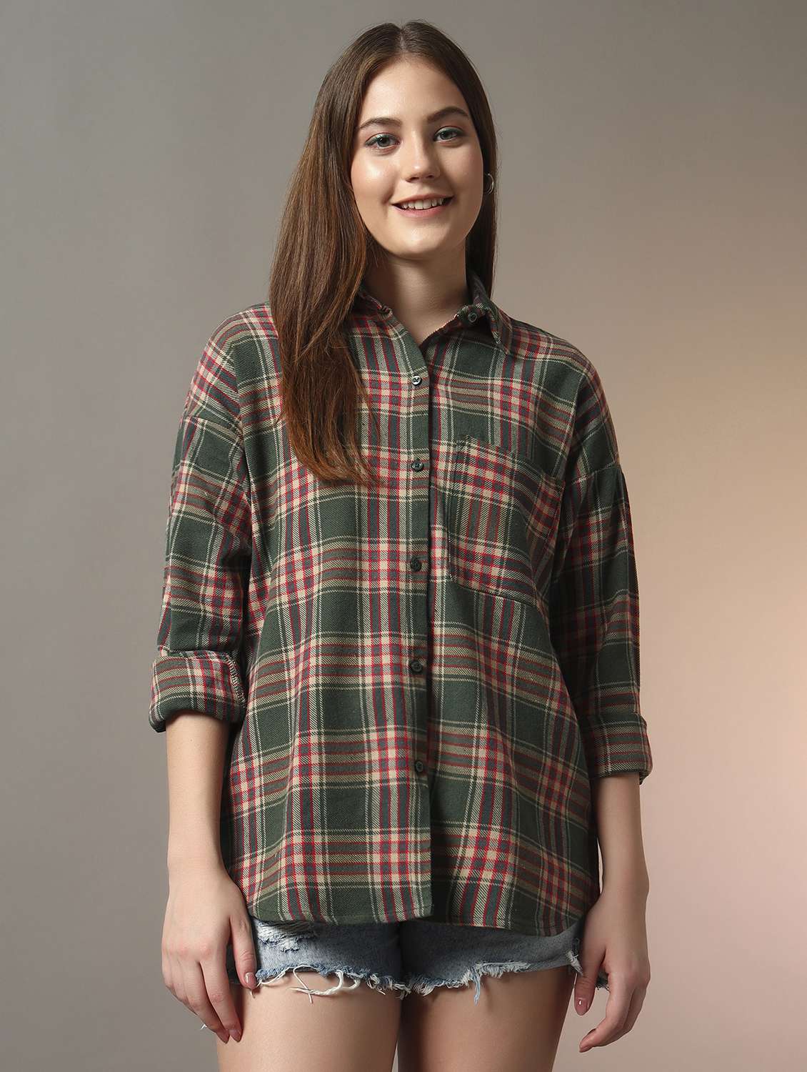 women checkered collared long sleeve oversized shirt