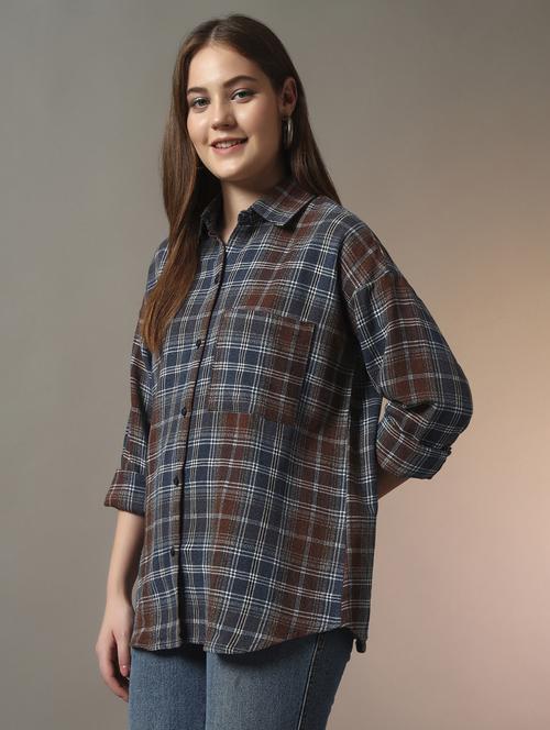 women checkered collared long sleeve oversized shirt - 21956945 - Standard Image - 0