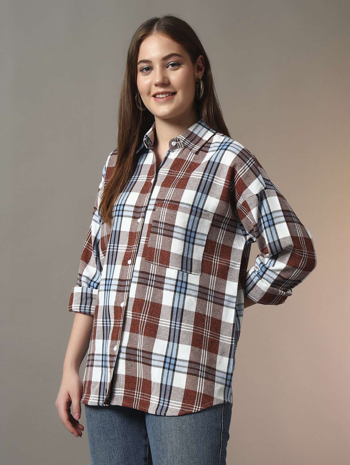 women checkered collared long sleeve oversized shirt - 21956946 -  Zoom Image - 0