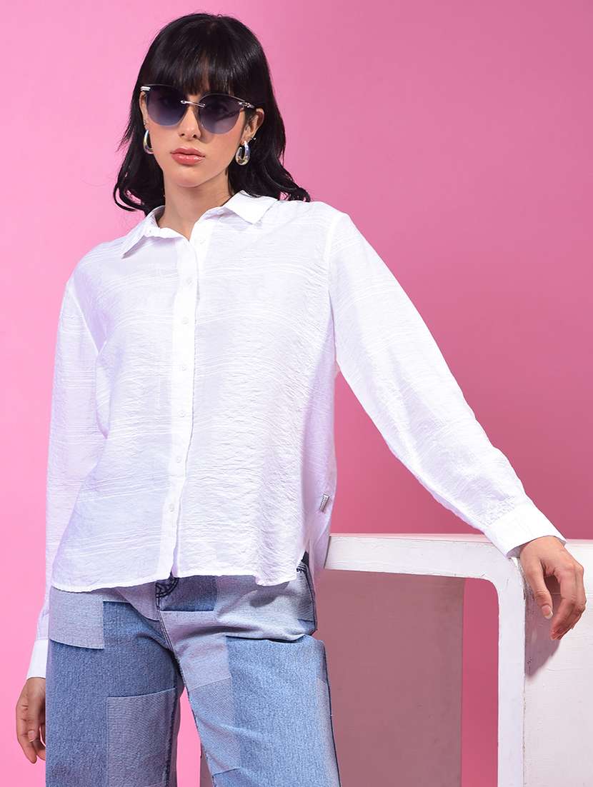 women solid collared long slevee relaxed fit shirt