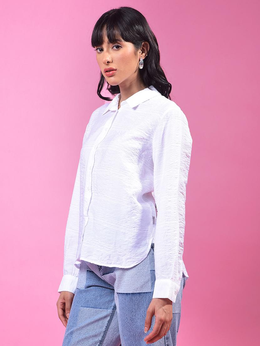 women solid collared long slevee relaxed fit shirt - 21957010 - Standard Image - 2