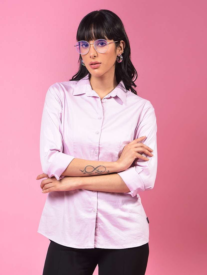 women solid collared long slevee regular fit shirt