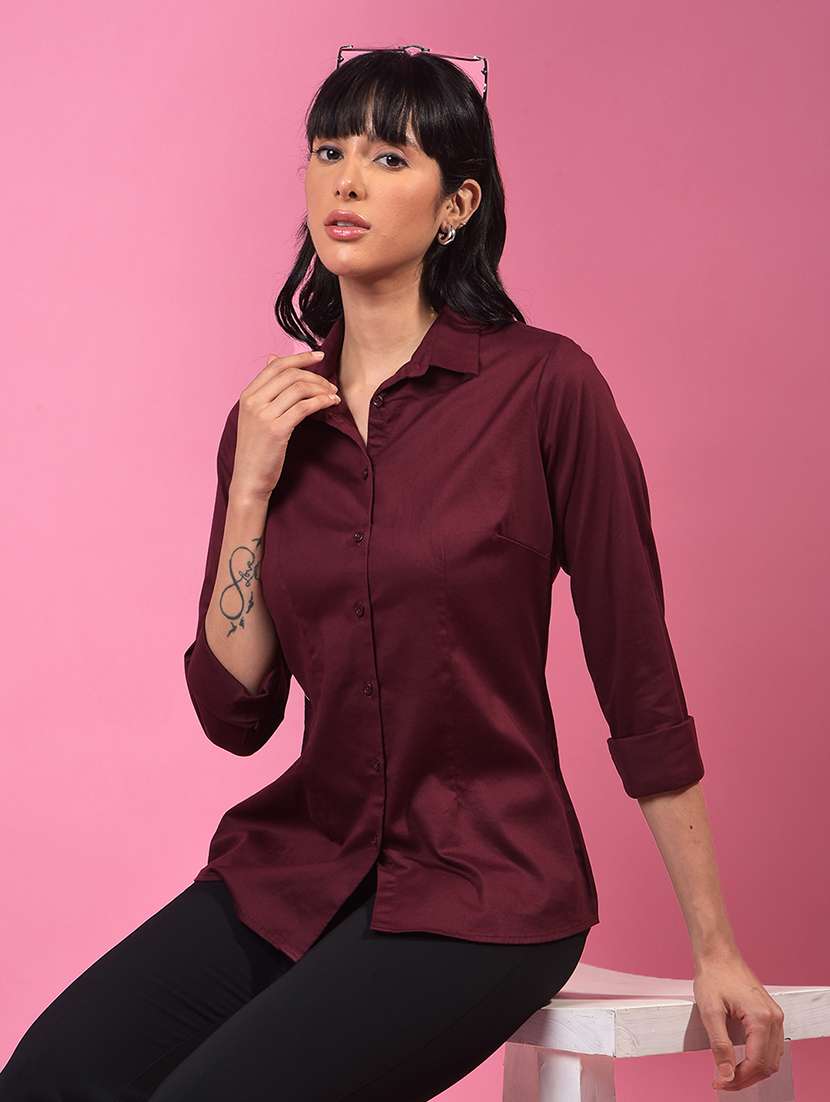 women solid collared long slevee slim fit shirt
