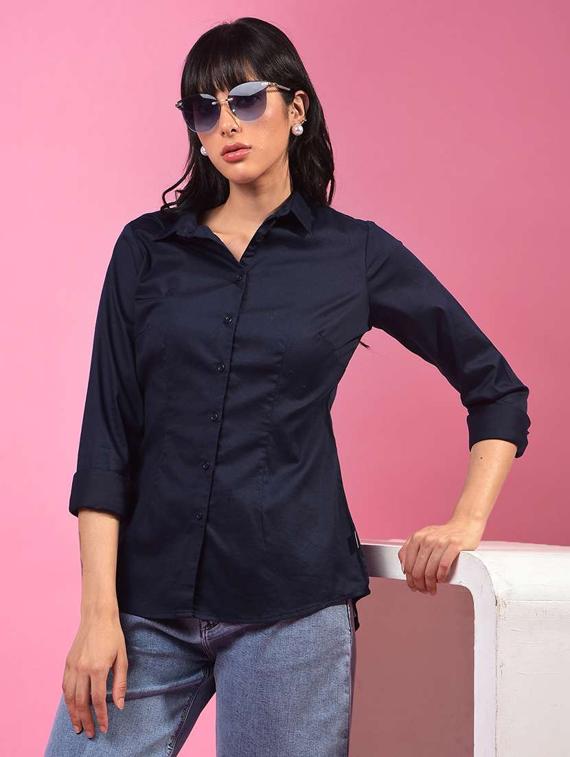 women solid collared long sleeve slim fit shirt