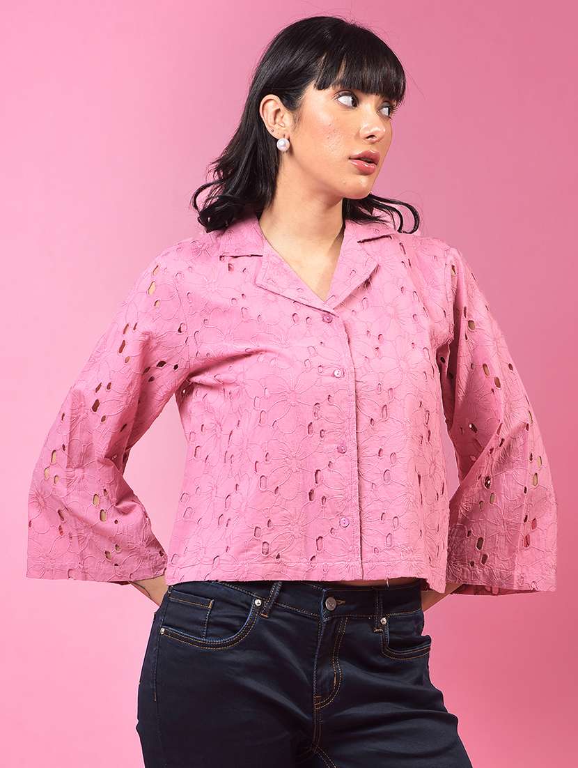 women solid laple collar crop schiffli shirt - 21957020 -  Standard Image - 2