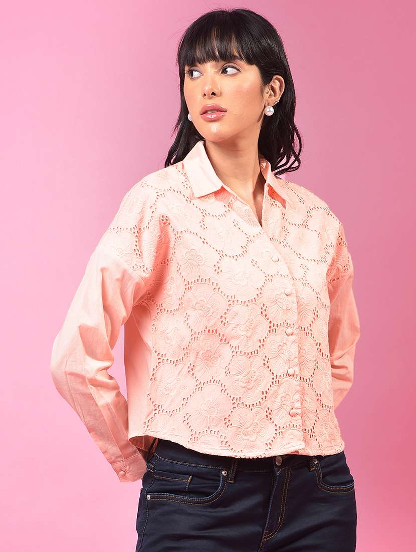 women collared long sleeve crop schiffli shirt - 21957024 -  Standard Image - 2