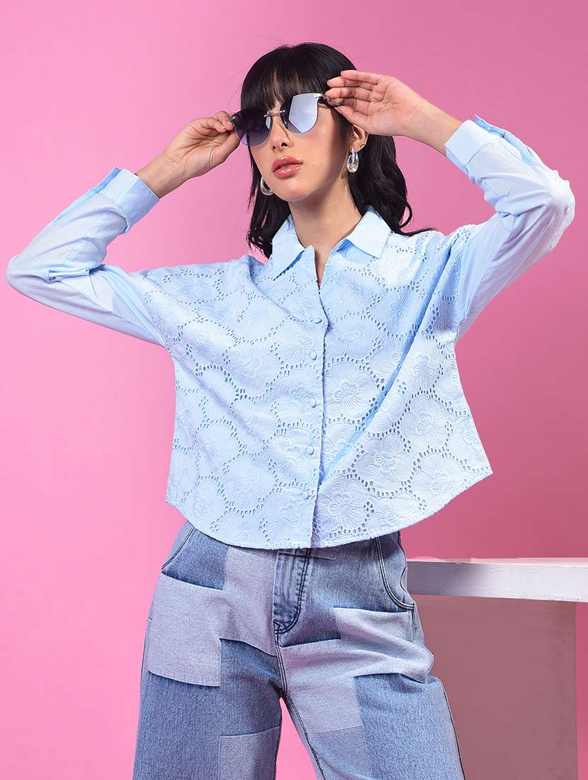 women collared long sleeve crop schiffli shirt