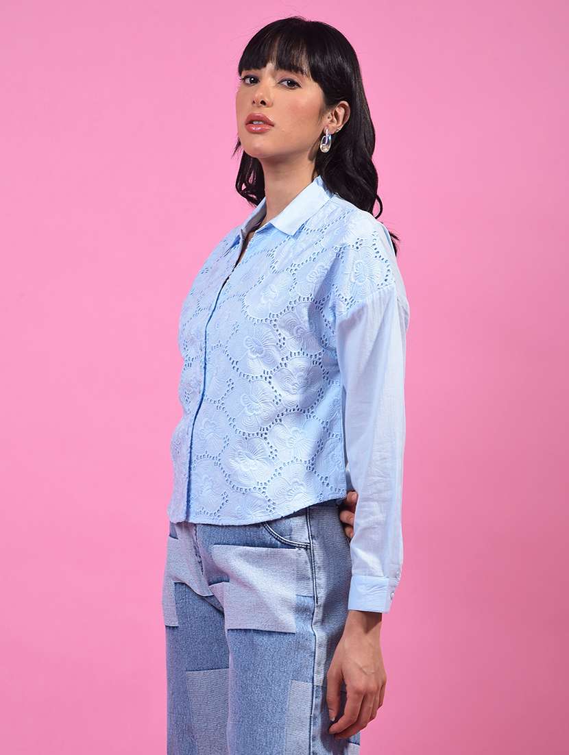 women collared long sleeve crop schiffli shirt - 21957025 -  Standard Image - 2