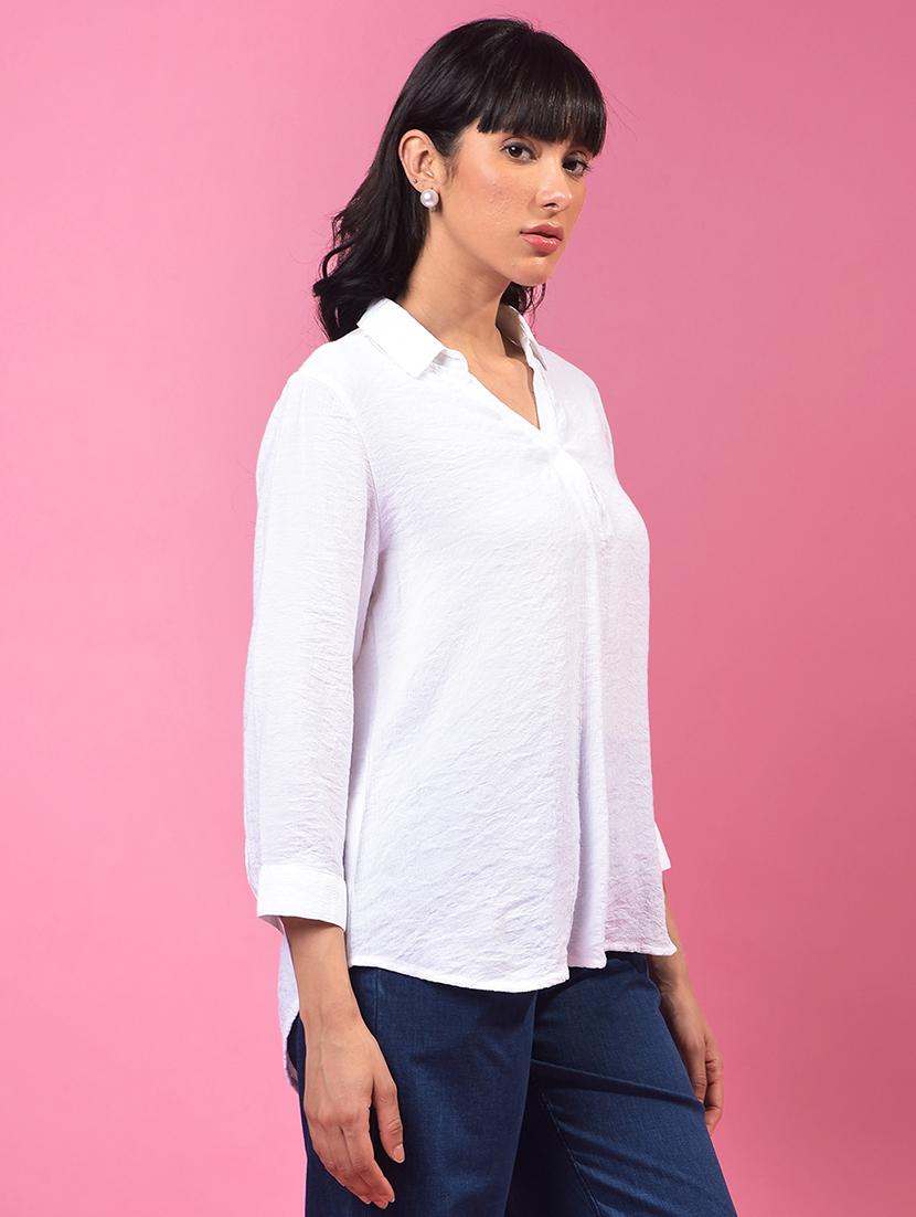 women white solid collared relaxed fit shirt top - 21957033 - Standard Image - 2
