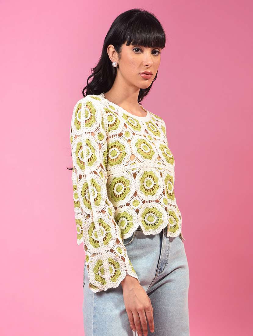 women green long sleeve crop crochet top - 21957036 -  Standard Image - 2