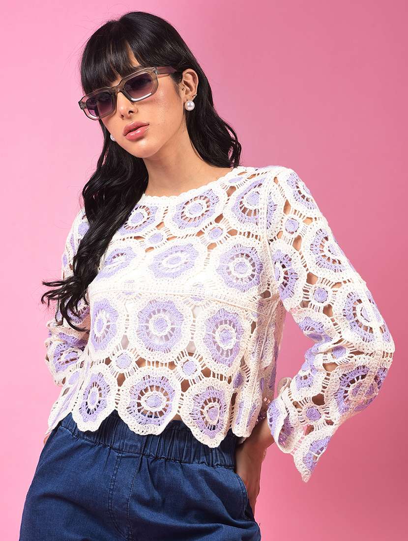 women lavender long sleeve crop crochet top