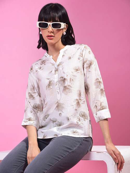 women off white floral print mandarin neck top - 21957038 - Standard Image - 0