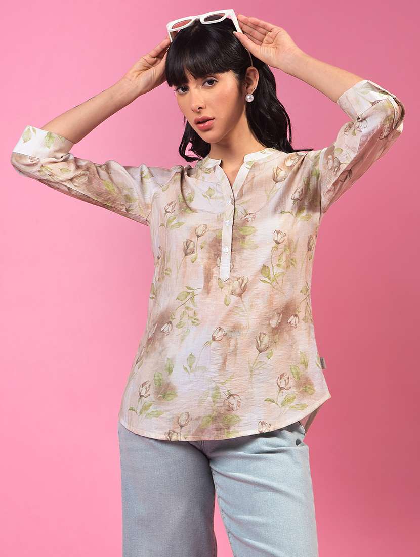 women beige floral print mandarin neck top