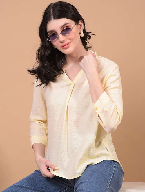 women yellow solid collared high low top - 21957044 - Standard Image - 0