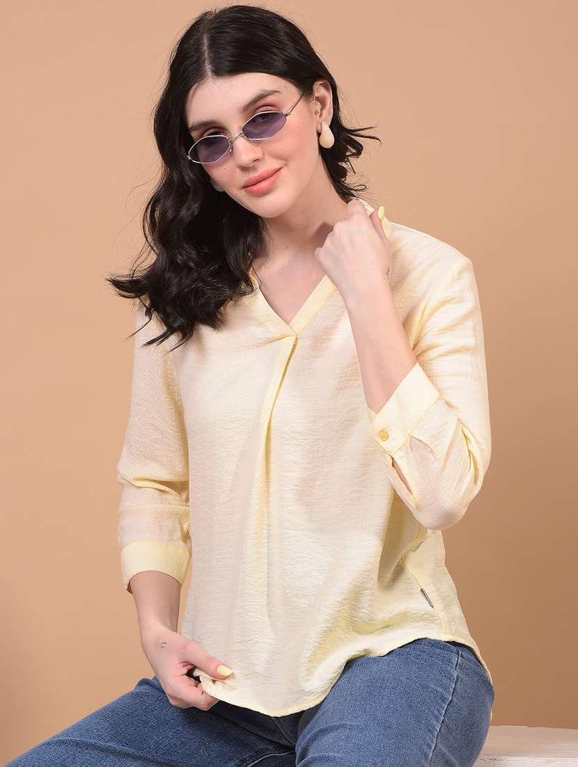 women yellow solid collared high low top - 21957044 - Zoom Image - 0