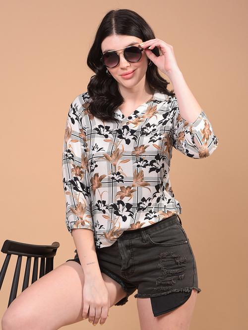 women printed collared three quarter sleeve top - 21957046 - Standard Image - 0
