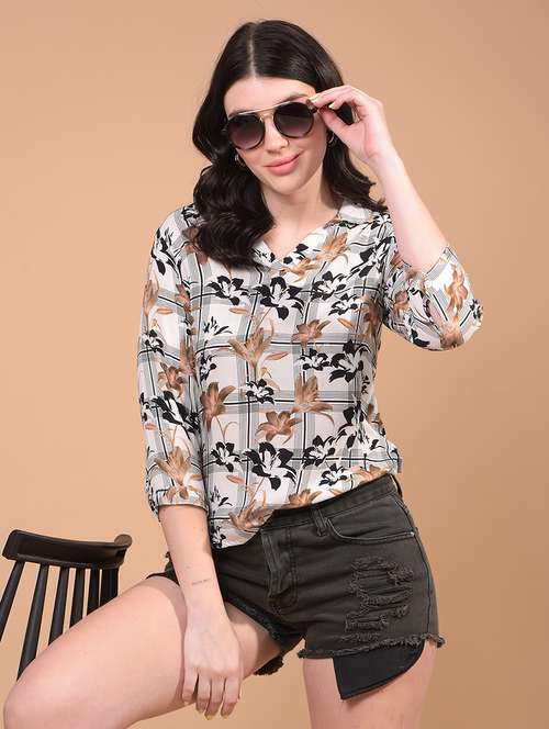 women printed collared three quarter sleeve top