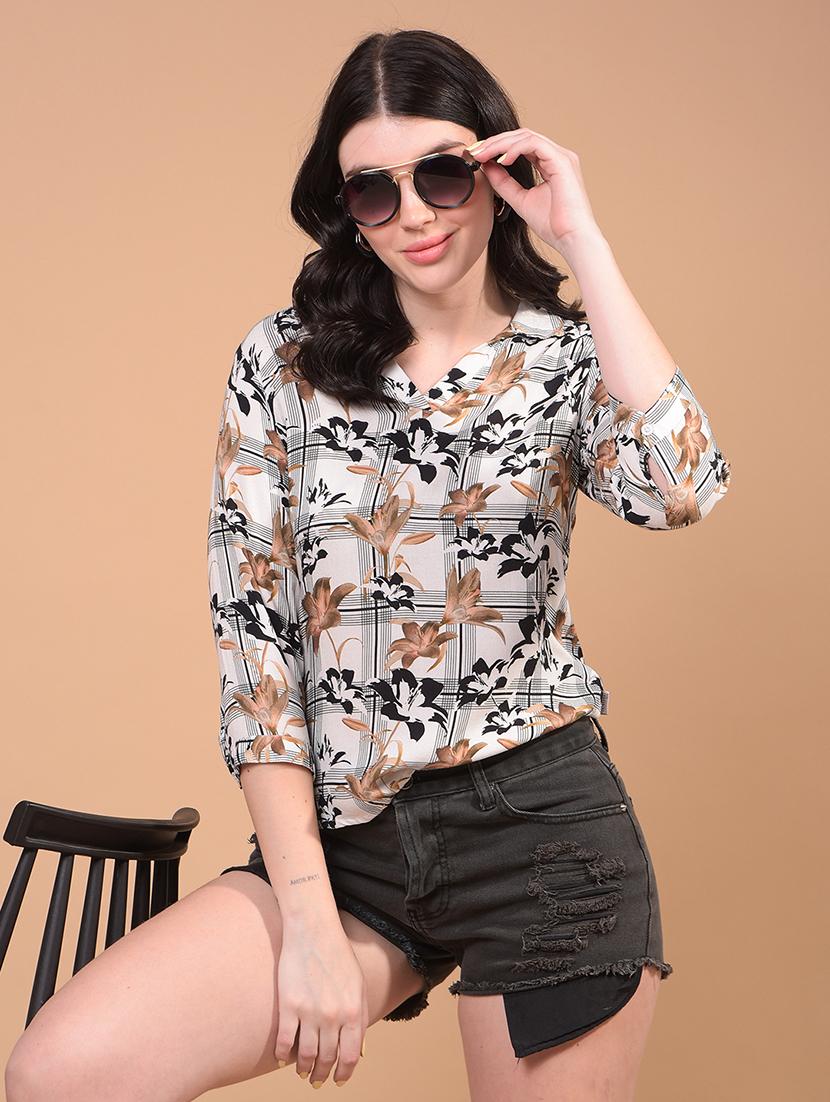 women printed collared three quarter sleeve top - 21957046 - Zoom Image - 0