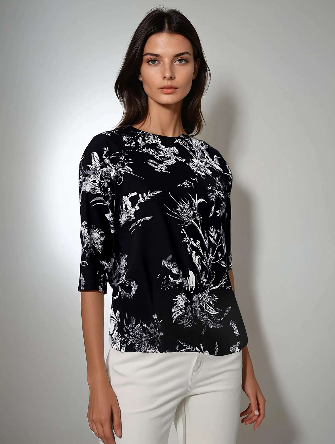 women black floral print three quarter sleeve top - 21957047 - Standard Image - 2