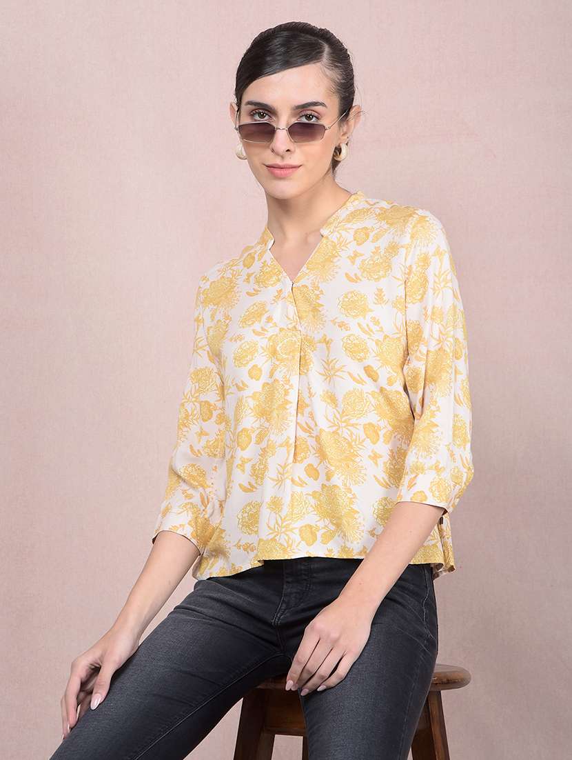 women yellow floral print mandarin neck top - 21957048 - Zoom Image - 0